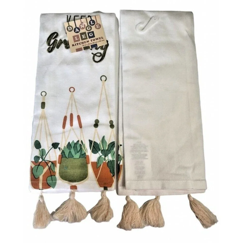 Plants Keep Growing Kitchen Cotton Dish Towels Set Of 2 Embroidered Tasseled